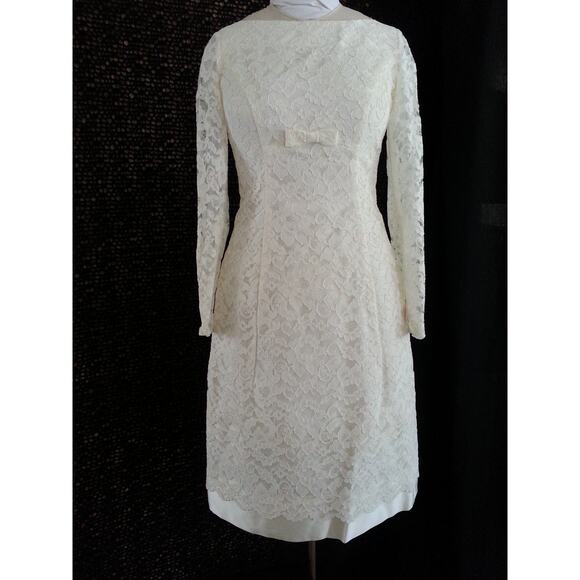 LORRIE DEB Vintage Wedding Dress Short Cream Lace Bows Retro Bridal Size 9 1960s - Picture 1 of 10